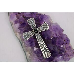 Silver Cloud Sterling Silver Overlay w/ Black Tourmaline Cabochon Cross Pendant